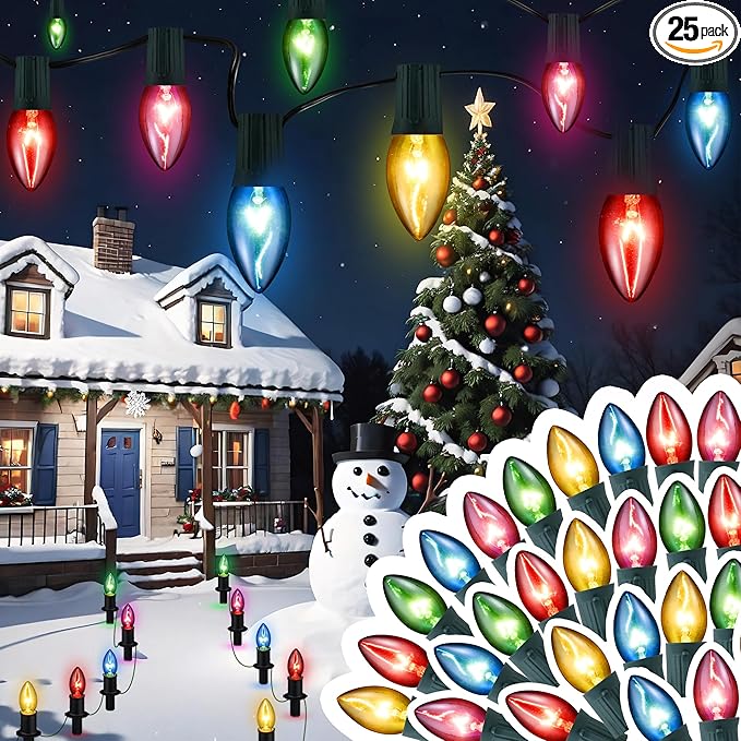 Christmas Pathway Lights Outdoor 29ft, 25 Packs C9 Christmas Walkway Lights with Stakes for Outside, Multicolor Xmas Pathway Lights for Christmas Outdoor Decorations
