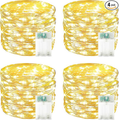4 Pack 60 LED Fairy Lights Battery Operated with Timer, 20FT Waterproof Twinkle Lights Indoor Outdoor, Cuttable String Lights for Bedroom, Wedding, DIY, Centerpiece, Christmas Decorations (Warm White)
