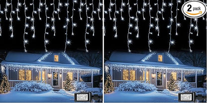 Dazzle Bright Christmas Icicle Lights, 88.5 FT 1080 LED 8 Modes Curtain Fairy Lights with 180 Drops, Xmas String Lights for Outdoor Holiday Wedding Party Decorations (White) (Pack of 2)