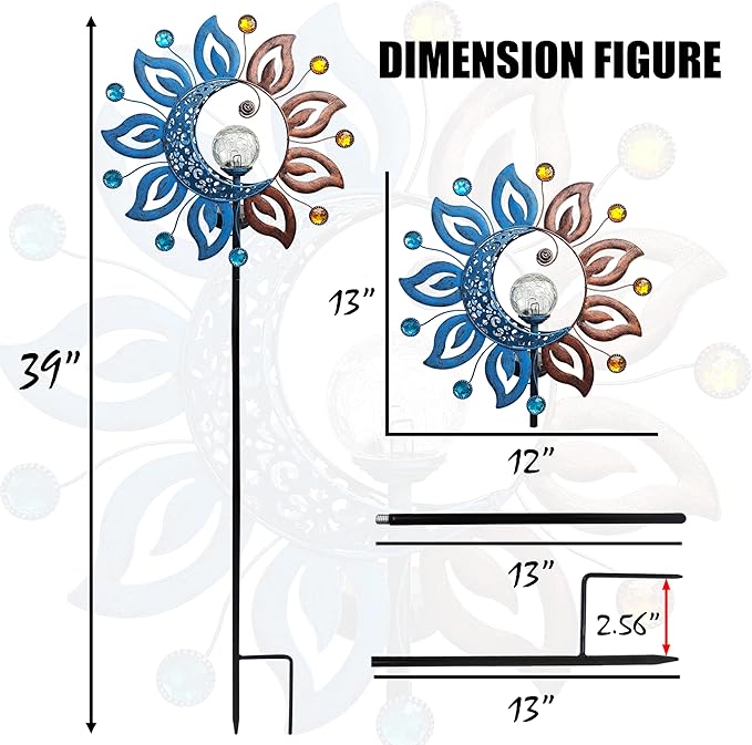 Sun Moon Solar Lights Garden Stake Outdoor Decoration,Sun Moon Crackle Glass Globe Solar Metal Stake Light, Waterproof LED Light for Pathway Lawn Patio Courtyard Backyard(39 Inch)