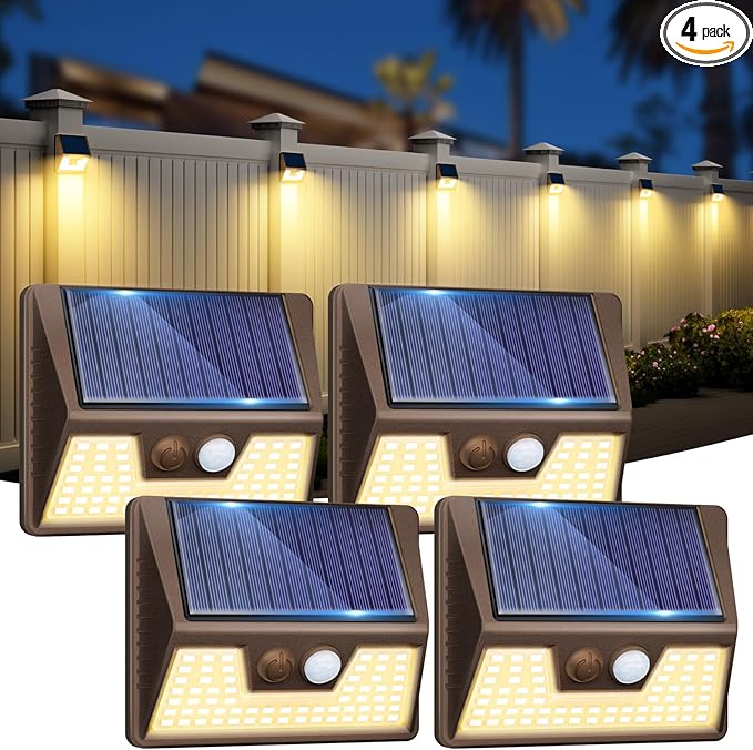 4 Pack Solar Fence Lights Waterproof, Motion Sensor Deck Outdoor, Warm White LED for Wall Yard Steps Stairs Garden | Lumora