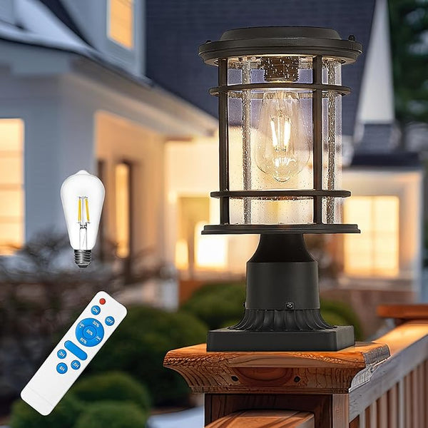 Emliviar 13 Inch Outdoor Solar Post Light, Dusk to Dawn Post Lighting Fixture with Remote Control, Removable Pier | Lumora