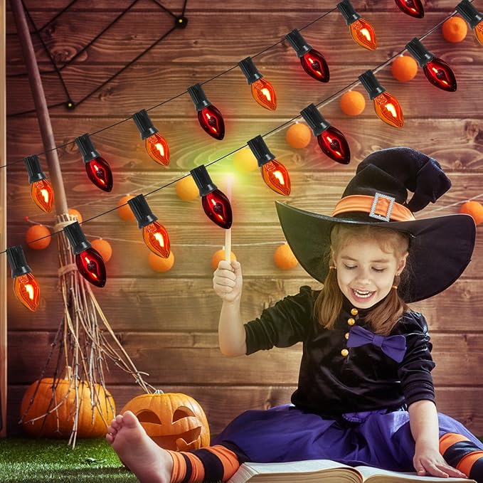 Halloween Flickering String Lights,25Ft C7 Vintage Flame Lights with Orange&Purple Bulbs, Flicker Amber Flame for Outdoor&Indoor Use, Fairy Garden, Yard, Home, Party
