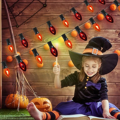 Halloween Flickering String Lights,25Ft C7 Vintage Flame Lights with Orange&Purple Bulbs, Flicker Amber Flame for Outdoor&Indoor Use, Fairy Garden, Yard, Home, Party