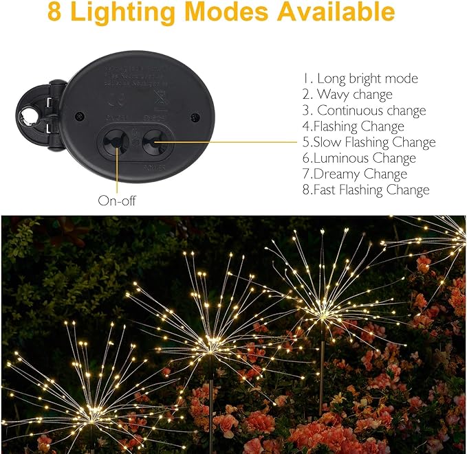Solar Lights Outdoor, 2 Pack Solar Firework Lights Outdoor – 150 LED, 8 Modes, IP65 Waterproof Garden Pathway Decor | Warm White Solar Powered Stake for Yard, Patio, Easter & Holiday Decoration
