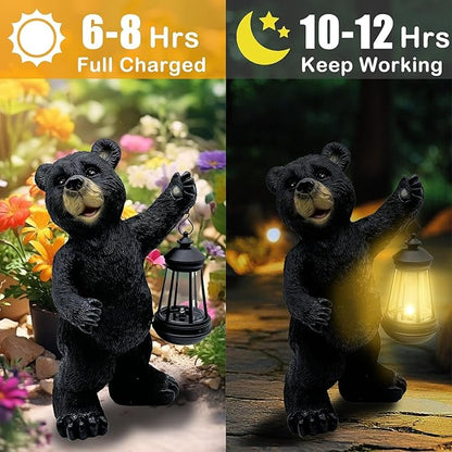 Solar Black Bear Garden Statue with LED Lantern - 14'' Outdoor Resin Animal Sculpture, Auto-On/Off Solar-Powered Waterproof Lawn Decor, 10-12H Long-Lasting Lighting for Patio/Yard/Porch