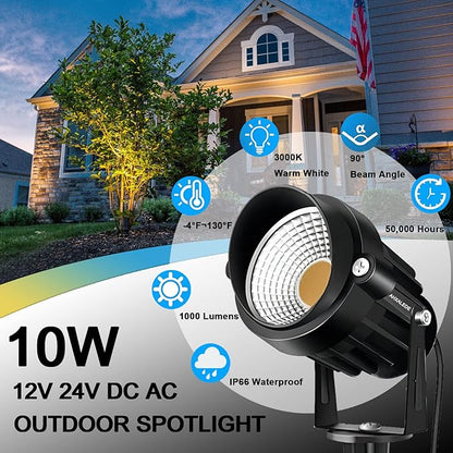 Low Voltage Landscape Lights 12 Volt LED Spotlight Outdoor Pathway Wired Yard Lights Garden Lawn 10W Landscaping Light 1000LM IP66 Waterproof Spot Lighting Warm White Garden Stake Tree Light