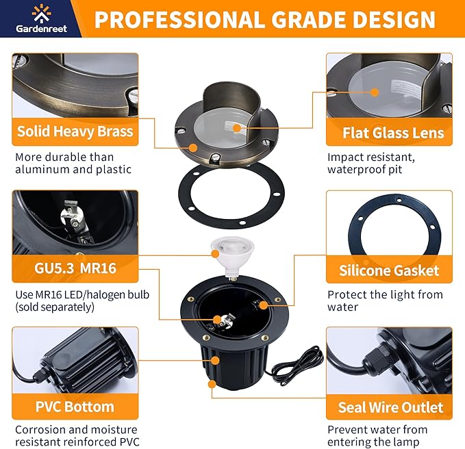 Gardenreet Landscape Well Lights Brass - Electric Hardwired Ip65 Low Voltage In Ground Lighting, LED 12V Waterproof | Lumora