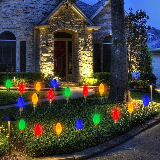 SUNSGNE C9 Christmas Pathway Lights, 7Ft Outdoor Stake with 4 Jumbo Multicolor LED Bulbs, Connectable Marker for | Lumora
