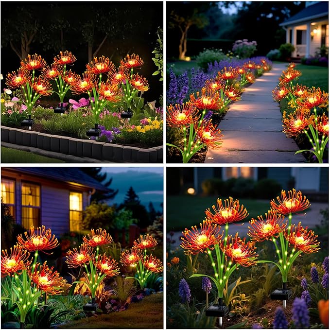 Solar Garden Flower Lights Outdoor,4 Pack Orange Spider Lily Lights with Glowing Stems,Waterproof Fall Decor Solar Yard Decor for Patio Lawn Pathway,Thanksgiving Garden Gifts for Women Mom Grandma