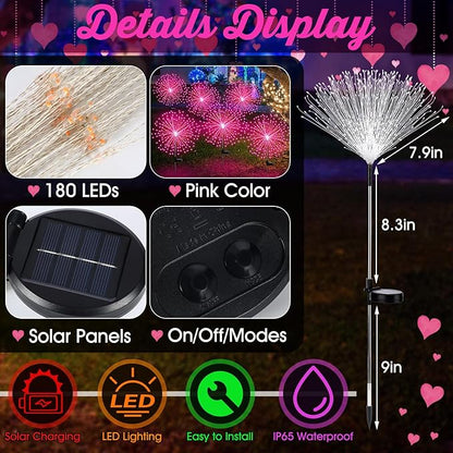 4 Pcs Valentine's Day Solar Lights Outdoor Pink Solar Firework Lights Decoration 180 LEDs 8 Modes Waterproof Valentine LED Stake Sparkler for Walkway Pathway Driveway Garden Yard Lawn Path(Pink)