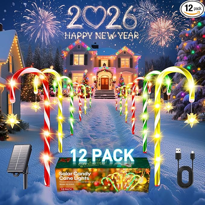 2025 Upgraded Christmas Decorations Outdoor Solar Candy Cane Lights, 10 Modes Waterproof Solar Christmas Pathway Lights with USB Charge, 28 FT 72 LEDs Outdoor Xmas Decor for Yard Lawn Porch Holiday