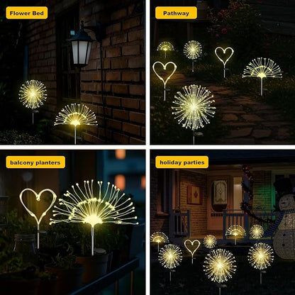 ALSO GO Solar Garden Lights Outdoor Waterproof, 4 Pack 480 LED Solar Firework Lights, Decorative Garden Décor Outside for Flowerbed Pathway Party Christmas Decoration, Warm White