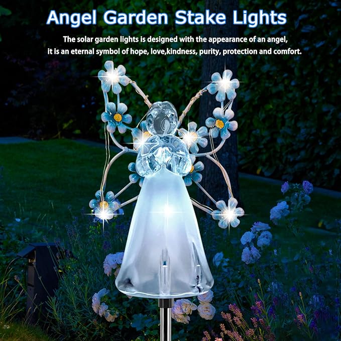 Solar Garden Lights, Solar Angel Garden Stake Lights Outdoor Waterproof, Angel Solar Lights Outdoor Garden Decor, LED Angel Decorative Lights for Cemetery Grave Yard, Memorial Sympathy Gift (Blue)