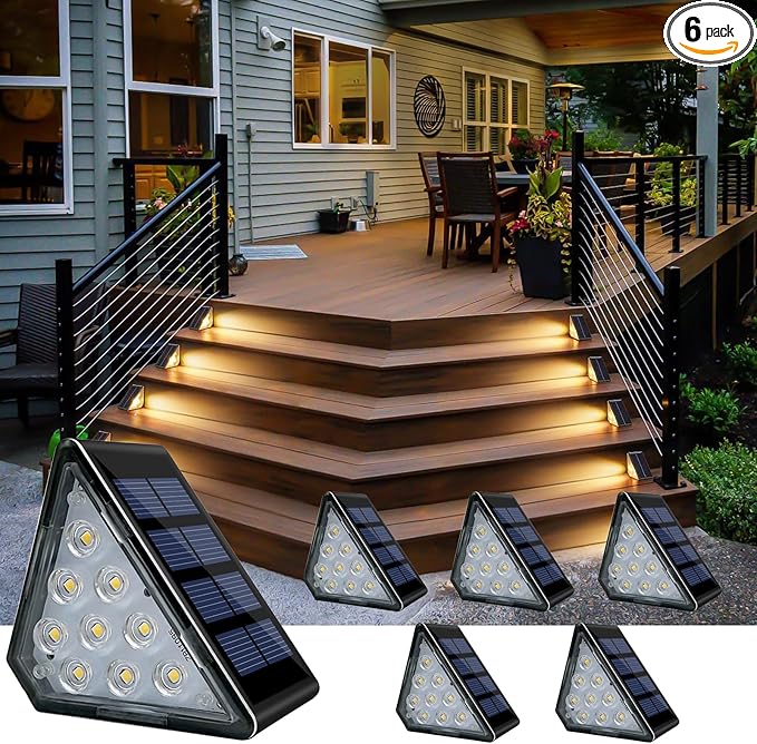 Solar Step Lights, Stair Fence Triangle Lights IP67 Outdoor Waterproof LED Deck Light for Garden Yard Patio, Porch, Front Door, Outside, Pathway, Warm White 6 Pack