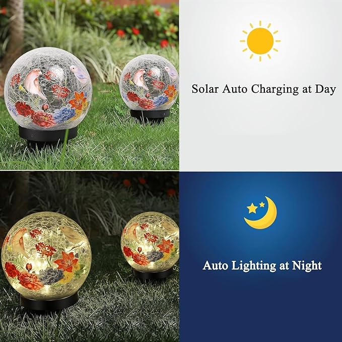 Solar Globe Lights Outdoor Waterproof, Cracked Glass Ball Orb Lights, Waterproof Globes for Garden Pathways, Patio Decor & Backyard Landscaping, Round Ornaments Orbs (Red Flower)