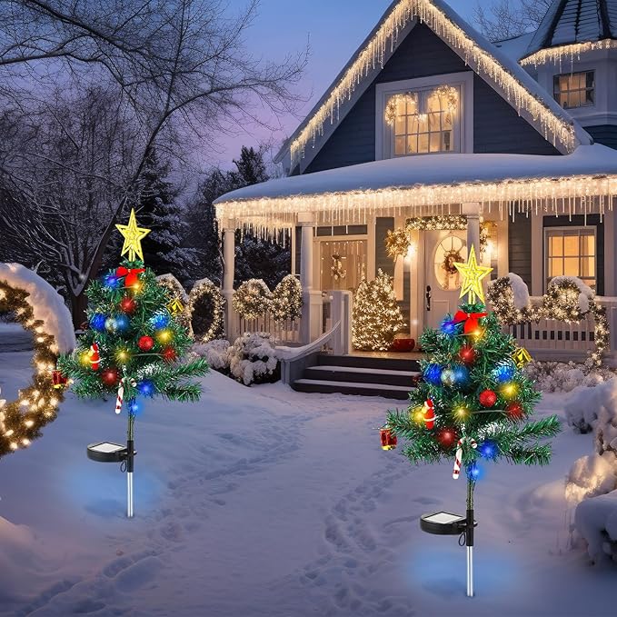 Baquler 2 Pcs Solar Christmas Tree Garden Stake Lights Outdoor Christmas Tree Yard Decorations Multicolor Solar Stakes for Pathway Lawn Patio Xmas Ornament(Novel Style)
