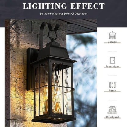 zeyu 17.2 Inch Exterior Black Light Fixture, 2-Light Outside Wall Light for House, Die-Cast Aluminum with Water Ripple Glass, Black and Gold Finish, 20071B2 BK+BG-WP