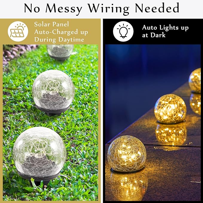 Honoson Solar Globe Lights Outdoor - Waterproof Cracked Glass Balls for Garden, Patio, Lawn & Yard, Warm White Solar LED Lights with Easy Installation & Durable Design(4.7 Inch,4 Pieces)