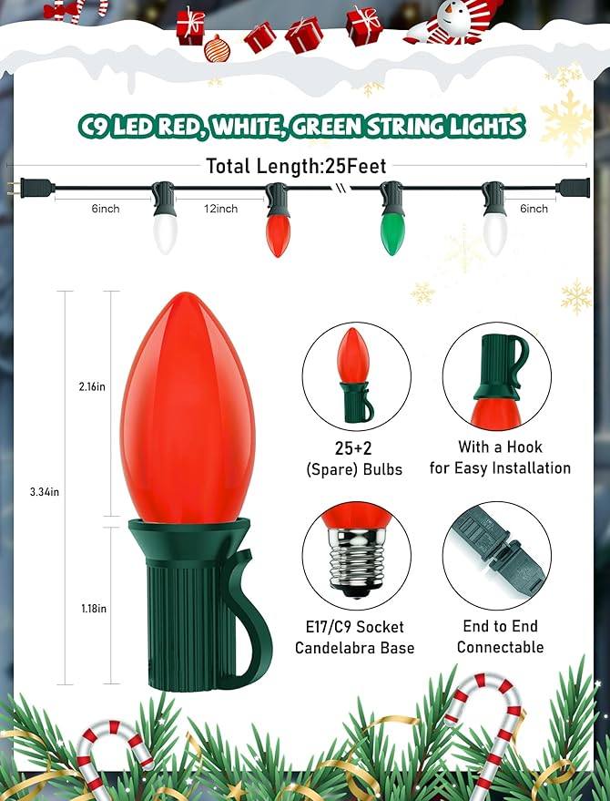 25Ft Vintage Christmas Lights C9 LED Red Green and White Outdoor String Lights with 26 C9 Bulbs (1 Spare) | Lumora