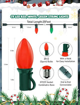 25Ft Vintage Christmas Lights C9 LED Red Green and White Outdoor String Lights with 26 C9 Bulbs (1 Spare) | Lumora