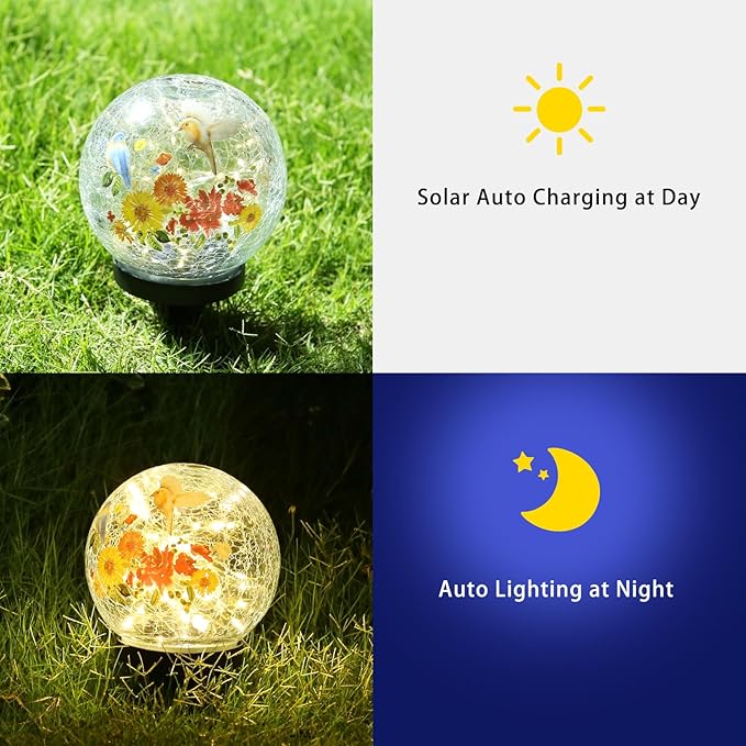 Solar Globe Lights Outdoor Waterproof, Cracked Glass Ball Orb Lights, Waterproof Globes for Garden Pathways, Patio Decor & Backyard Landscaping, Round Ornaments Orbs (Red-Yellow Flower)