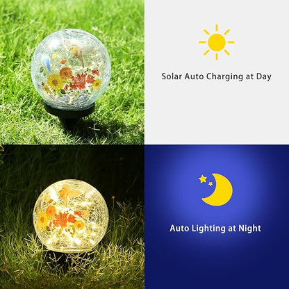 Solar Globe Lights Outdoor Waterproof, Cracked Glass Ball Orb Lights, Waterproof Globes for Garden Pathways, Patio Decor & Backyard Landscaping, Round Ornaments Orbs (Red-Yellow Flower)