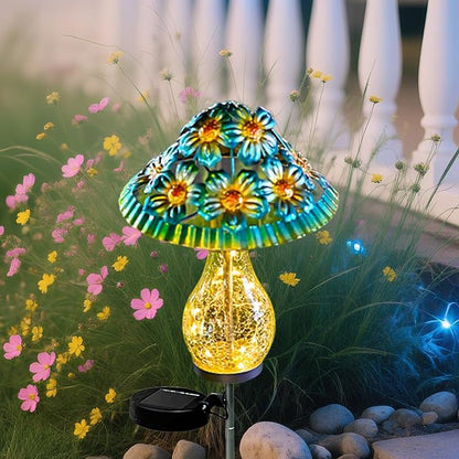 Solar Outdoor Lights, Hand-Blown Glass Mushroom Solar Lights Outdoor with Metal Ground Spikes, Decorative Solar Lights for Outdoor Garden Yard Lawn Porch Backyard Pathway, Gifts for Mom Women (Blue)