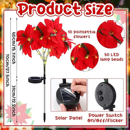 VIHOSE 2 Pcs Christmas Solar Poinsettia Lights Outdoor Artificial Flowers Landscape Waterproof Solar Poinsettia Lights for Yard Lawn Patio Garden Pathway Xmas Party Supplies (10 Flowers,Red)