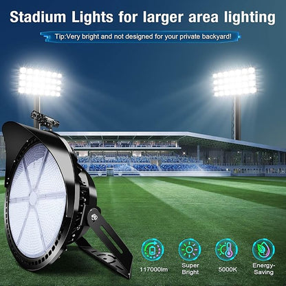 Dimmable 0-800W Outdoor LED Stadium Lights, Heavy Duty Round Floodlight Super Bright Commercial Arena Sport Field High Pole Light with IP66 Waterproof Adjustable Yoke for Large Area Court Farm