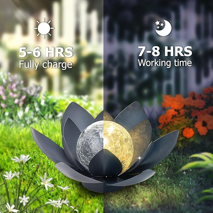 Huaxu Solar Lights Outdoor Garden Decor Crackle Glass Globe Lotus Flower Gray Metal Waterproof Light for Patio | Lumora