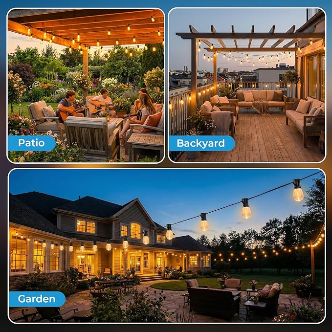 100FT S11 LED Outdoor String Lights with App & Remote, Low-Voltage Patio Lights with Music Sync, 4 Lighting Modes | Lumora