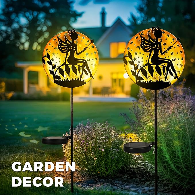 Fairy Garden Solar Lights Outdoor Disk Silhouette Stakes, Waterproof Outdoor Metal Decor Gifts for Women Mom, Art Cut-Out Disk Fairy Sculpture for Yard, Patio, Garden, Porch, 1 Pack
