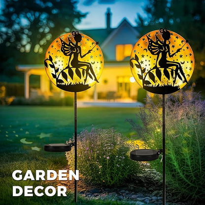 Fairy Garden Solar Lights Outdoor Disk Silhouette Stakes, Waterproof Outdoor Metal Decor Gifts for Women Mom, Art Cut-Out Disk Fairy Sculpture for Yard, Patio, Garden, Porch, 1 Pack