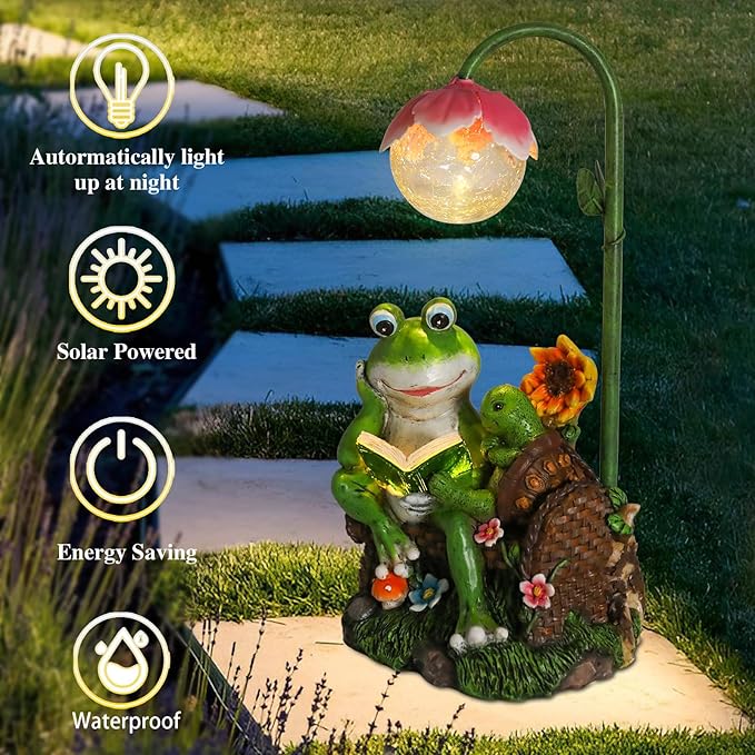 Afirst Solar Garden Statues, Frog Statues Outdoor Resin Figurine with Solar Lights Statue Decorations for Lawn, Patio, Balcony, Yard Ornament, Frog&turtle