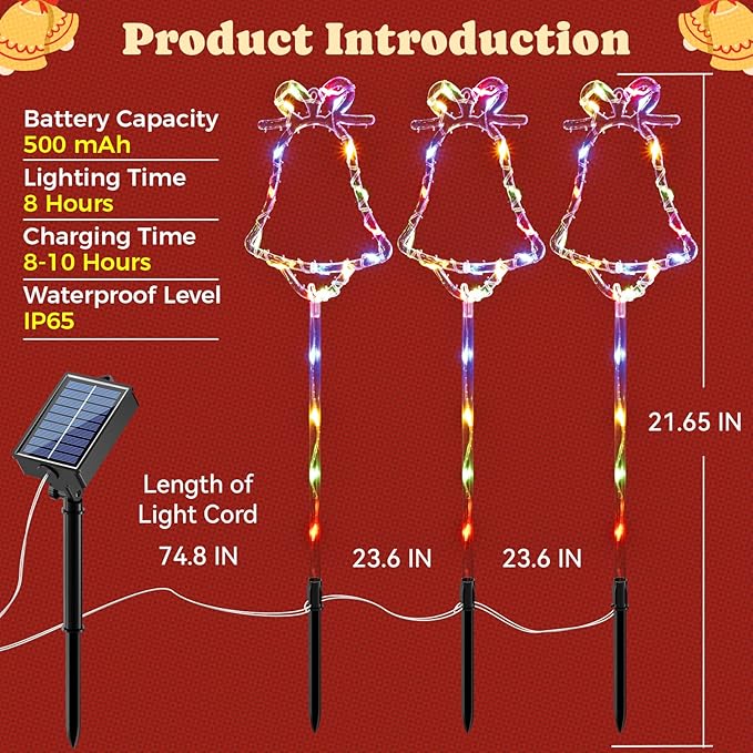 6 Packs Christmas Bell Solar Garden Lights with 8 Light Modes, 21.65 Inches Tall Christmas Outdoor Light with 20 LEDs Each, Solar Outdoor Xmas Decor for Garden, Path, Patio (Multiple-Colored)