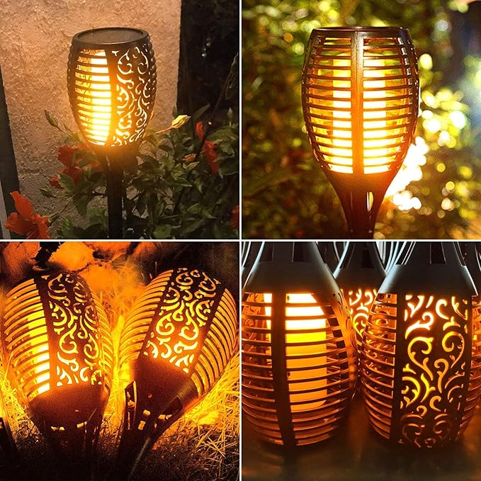 Large Size Solar Torch Light with Flickering Flame, Fire Effect Garden Lights Outdoor, IP65 Waterproof Tiki Torches for Pathway Yard Decor, Auto On/Off - Landscape Lighting (8 Pack)