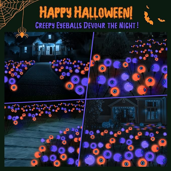Lewondr Halloween Decorations Outdoor Eyeball Lights, 6 Pack Solar Garden Lights with 2 Modes, Waterproof Firefly Lamps Swaying by Wind for Yard, Pathway, Lawn, Patio, Party, Purple + Orange