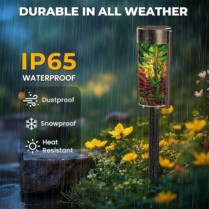 8 Pack Solar Pathway Lights Outdoor Waterproof Stained Glass Window Cactus Desert Sunset Western Border Solar Garden Lights LED Landscape Lighting for Yard Walkway Lawn Garden Decor