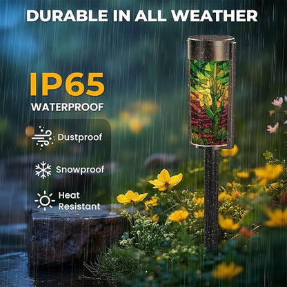 8 Pack Solar Pathway Lights Outdoor Waterproof Stained Glass Window Cactus Desert Sunset Western Border Solar Garden Lights LED Landscape Lighting for Yard Walkway Lawn Garden Decor