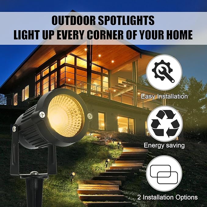 LED Landscape Spotlights Low Voltage 5W 12V 24V Garden Pathway Lights Waterproof IP66 Warm White Walls Trees Flags Outdoor Landscape Lights with Stakes(2P)