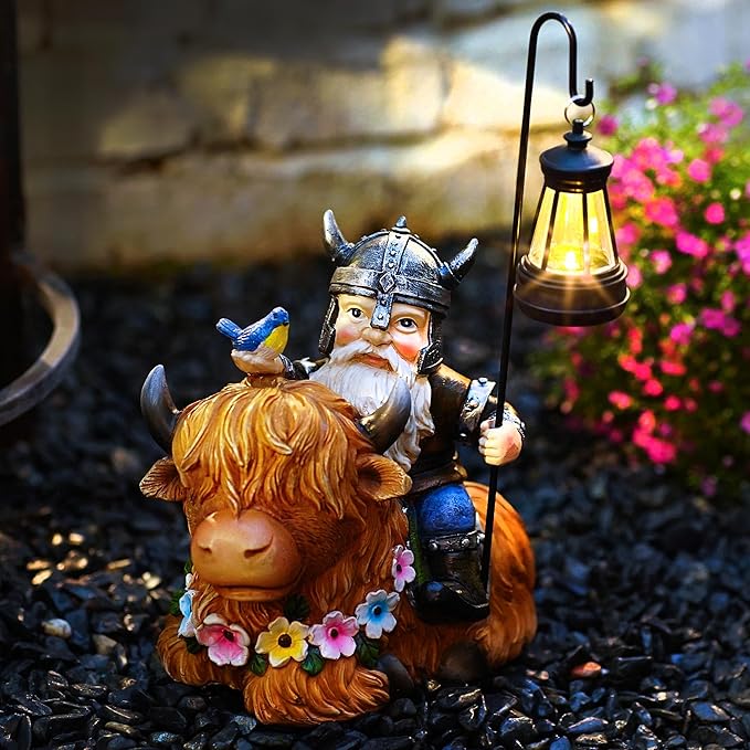 Garden Gnome Outdoor Statue Highland Cow Decor for Yard Patio Lawn Porch Birthday Gifts for Women Men, Mother’s Day, Housewarming with Solar Light Gnome Decor for Outside