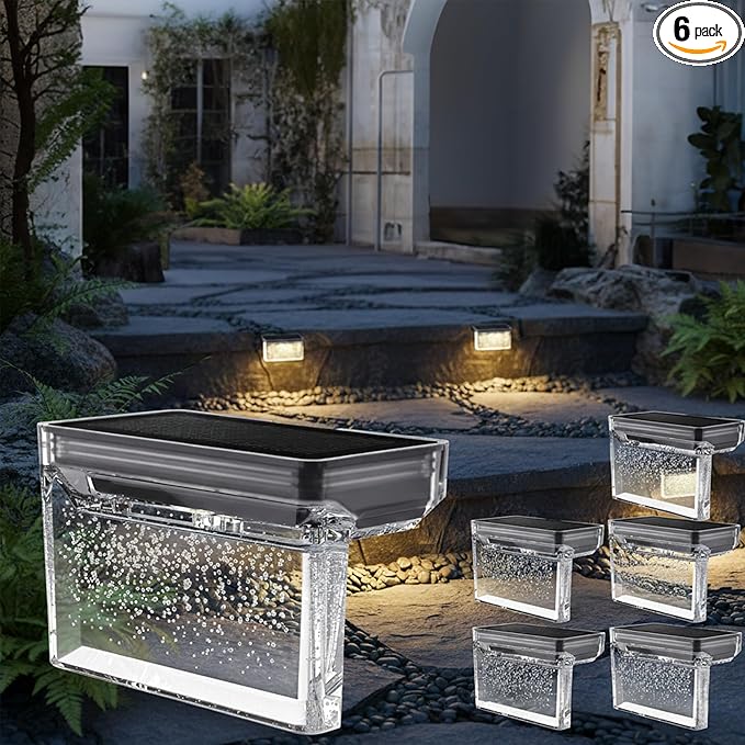 TIJNN Solar Deck Lights Outdoor Waterproof (6 Pack) – LED Solar Fence Lighting for Steps, Stairs, Railing, Patio & Backyard – Wireless Auto Dusk to Dawn Warm White Decor