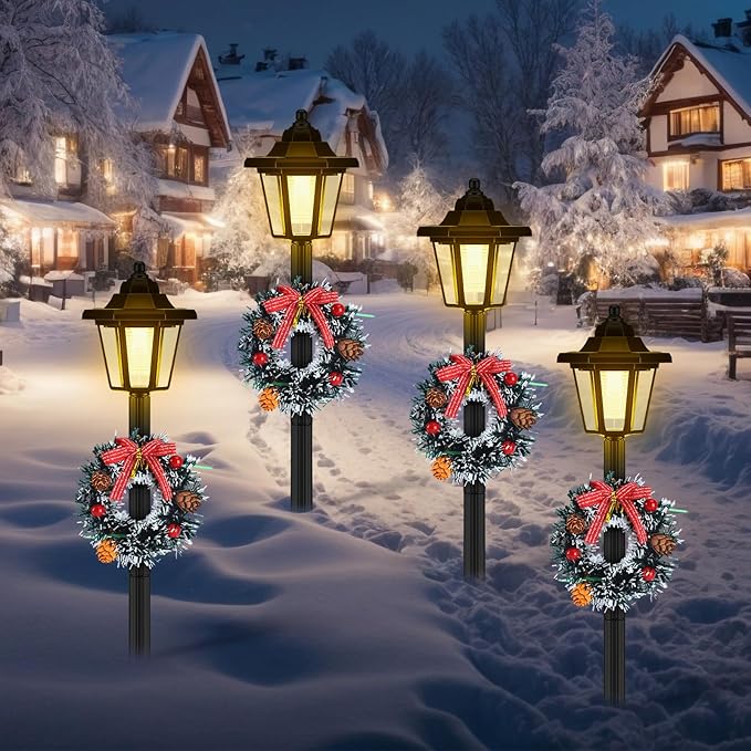 VIHOSE 4 Pcs 21.3 Inch Christmas Solar Pathway Lights Outdoor Waterproof Solar Christmas Street Lights with Ribbon Accessories Outdoor Lights for Yard Pathway Walkway Holiday Decor(Wreath)
