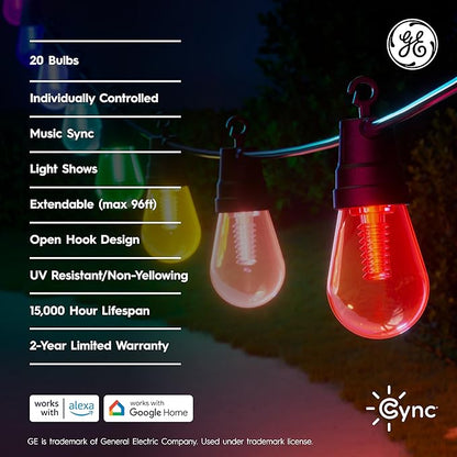 GE Cync Dynamic Effects Smart Cafe Lights, Color Changing Patio String Lights, Compatible with Alexa and Google, 48ft