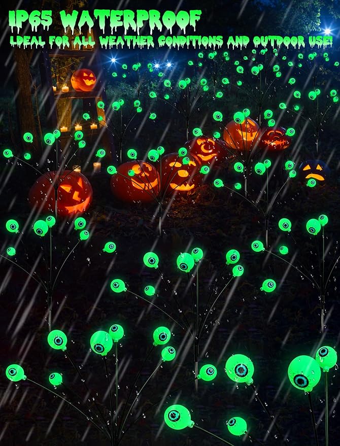 KerKoor Solar Halloween Lights Outdoor Decorations - 4 Pack 32 LED Solar Eyeball Lights LED Scary Eyeballs Halloween Light for Yard, Outside, Pathway, Walkway, Landscape, Garden, Party Decor (Green)