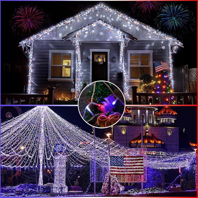 4th of July Decorations Patriotic Decor Lights, Red White and Blue String Lights Indoor, 200LED 66FT Outdoor, 8 | Lumora