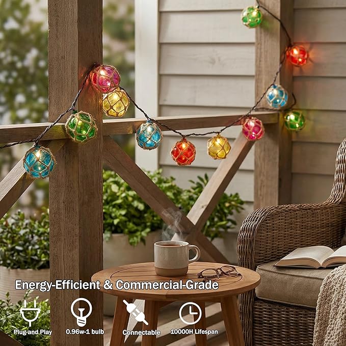 Decorative String Lights Plug in with 10 Incandescent Bulbs, Nautical Fishing Float String Lights Connectable Weatherproof for Indoor Home Tiki Bar Decor and Outdoor Patio Decorations (Multi-color)