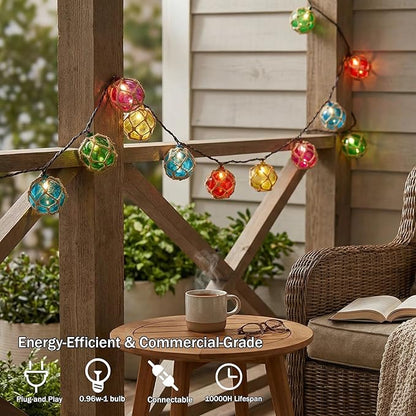 Decorative String Lights Plug in with 10 Incandescent Bulbs, Nautical Fishing Float String Lights Connectable Weatherproof for Indoor Home Tiki Bar Decor and Outdoor Patio Decorations (Multi-color)