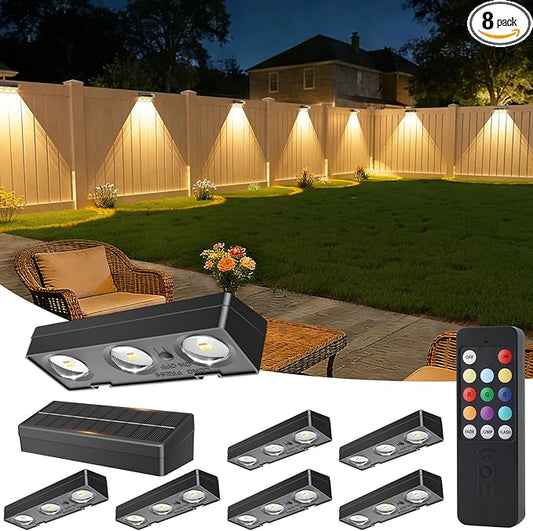 Solar Fence Lights with Remote 8 Pack, Color Changing RGB & Warm White, 12 Dynamic Modes, IP65 Waterproof, Solar Lights for Fence, Deck, Backyard, Patio Holiday & Party Decoration